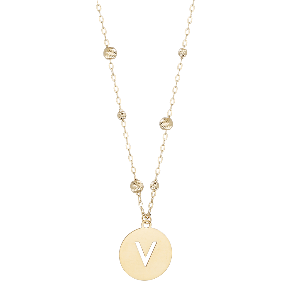 Buchstaben Anhänger + Kugel Kette 585/- Gelbgold "V" 3023
